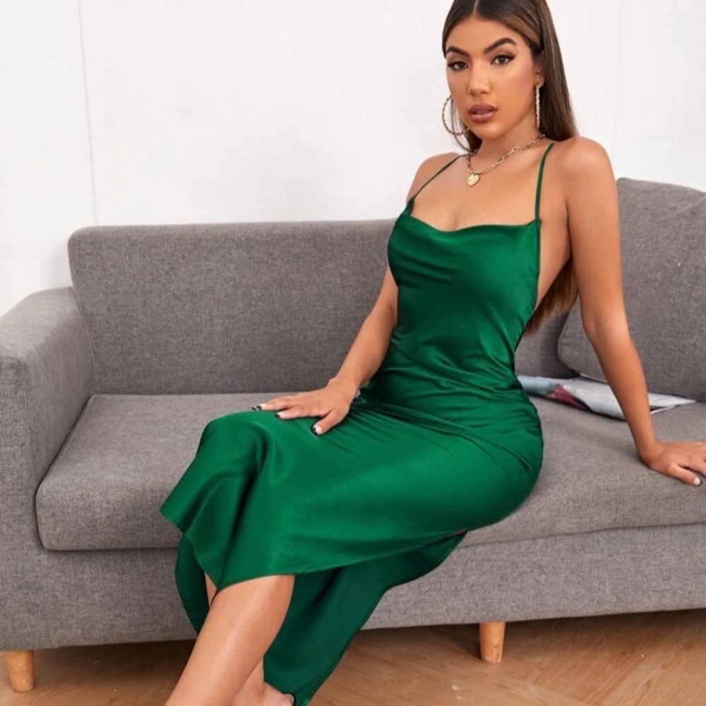 SHEIN Crisscross Back High Split Midi Dress in GoldBrown